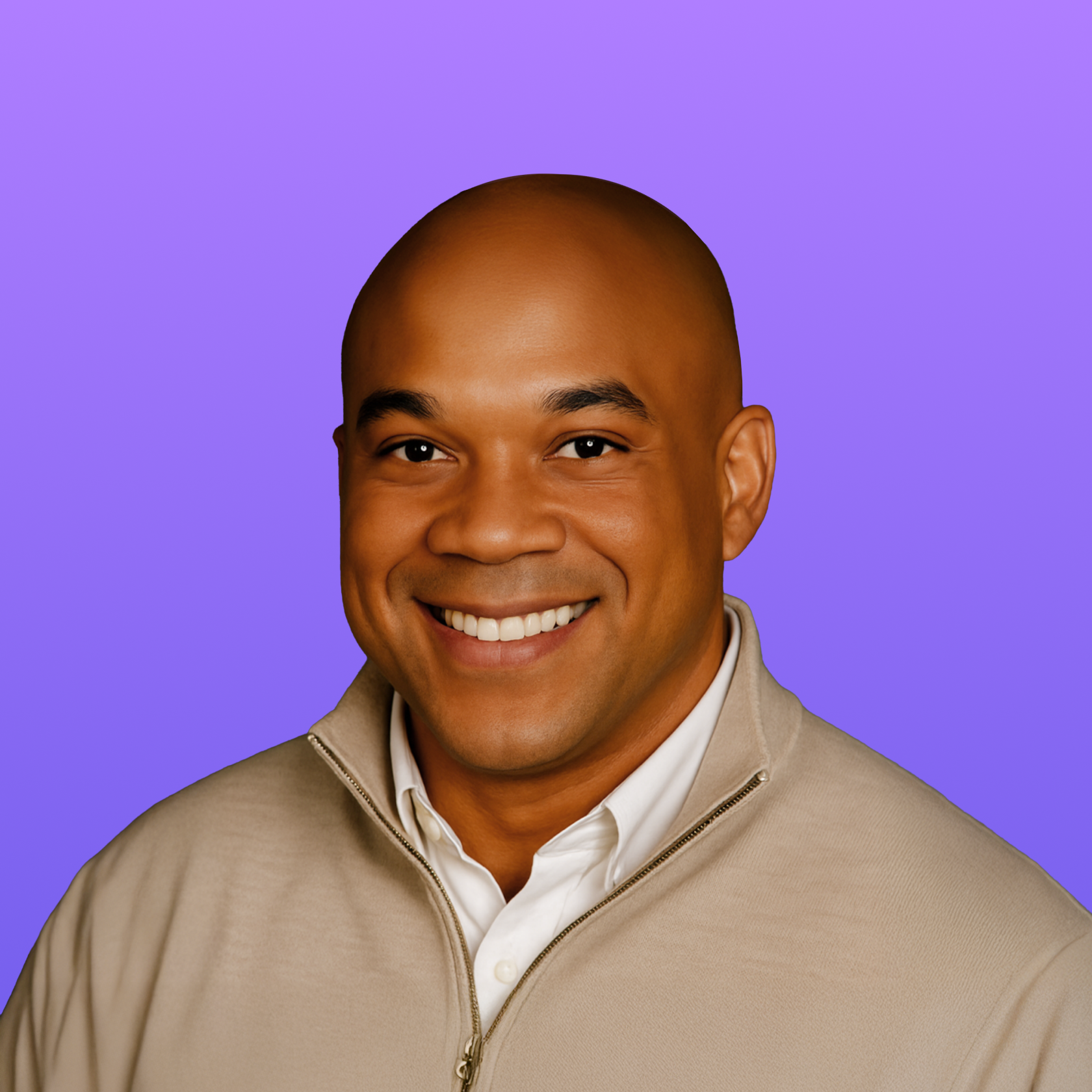 User headshot against purple background