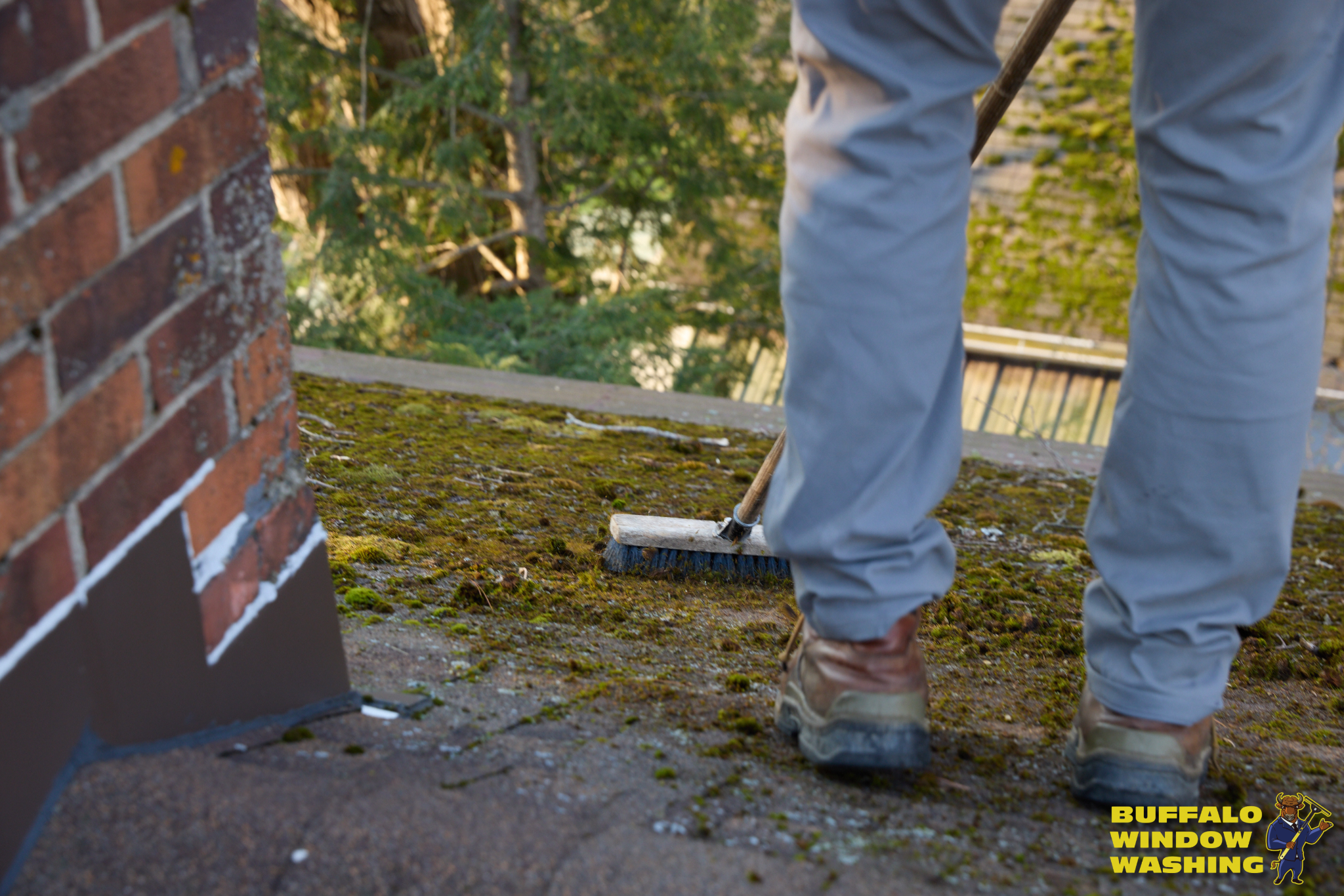 Technician brushing moss off roof