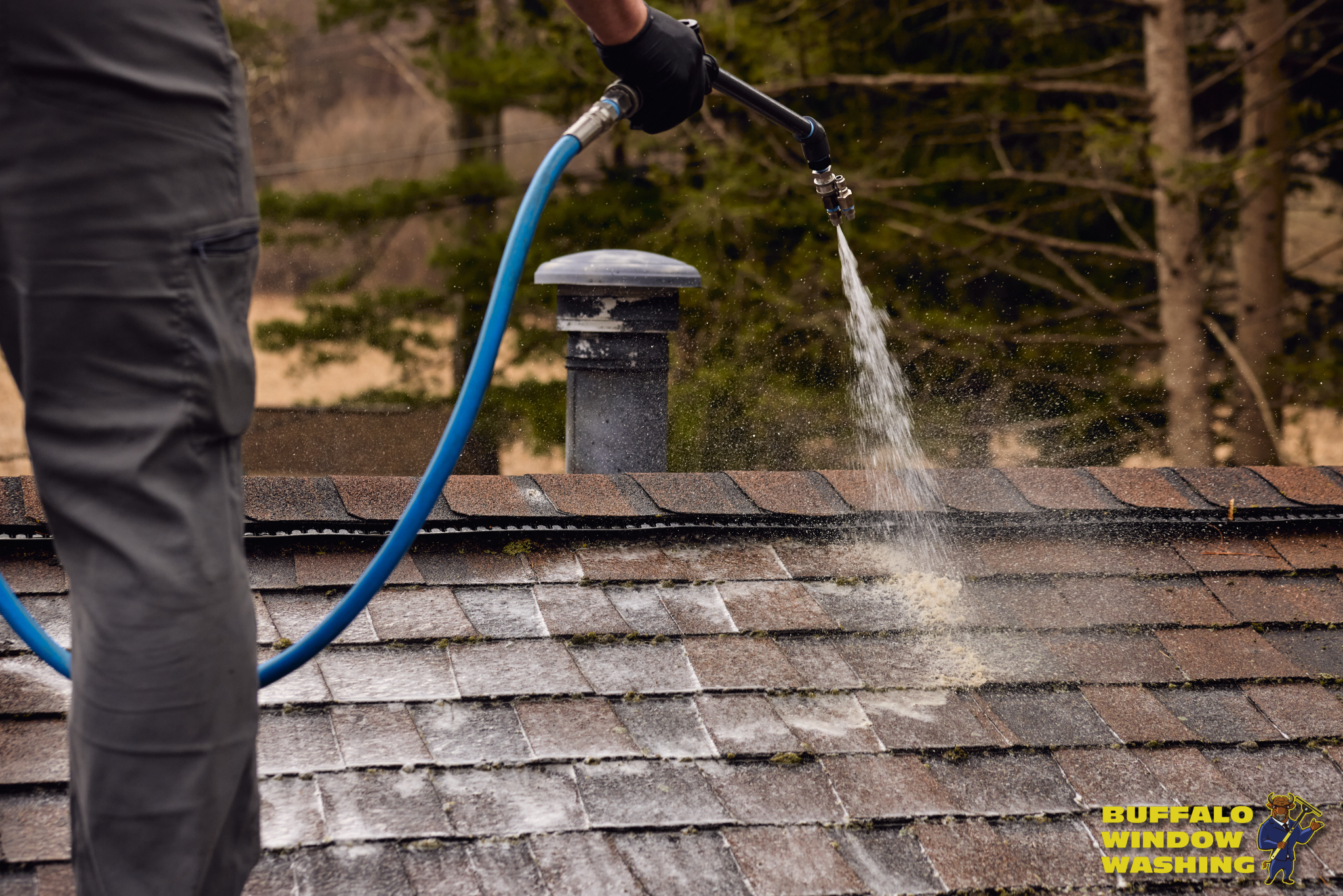 Technician soft washing roof