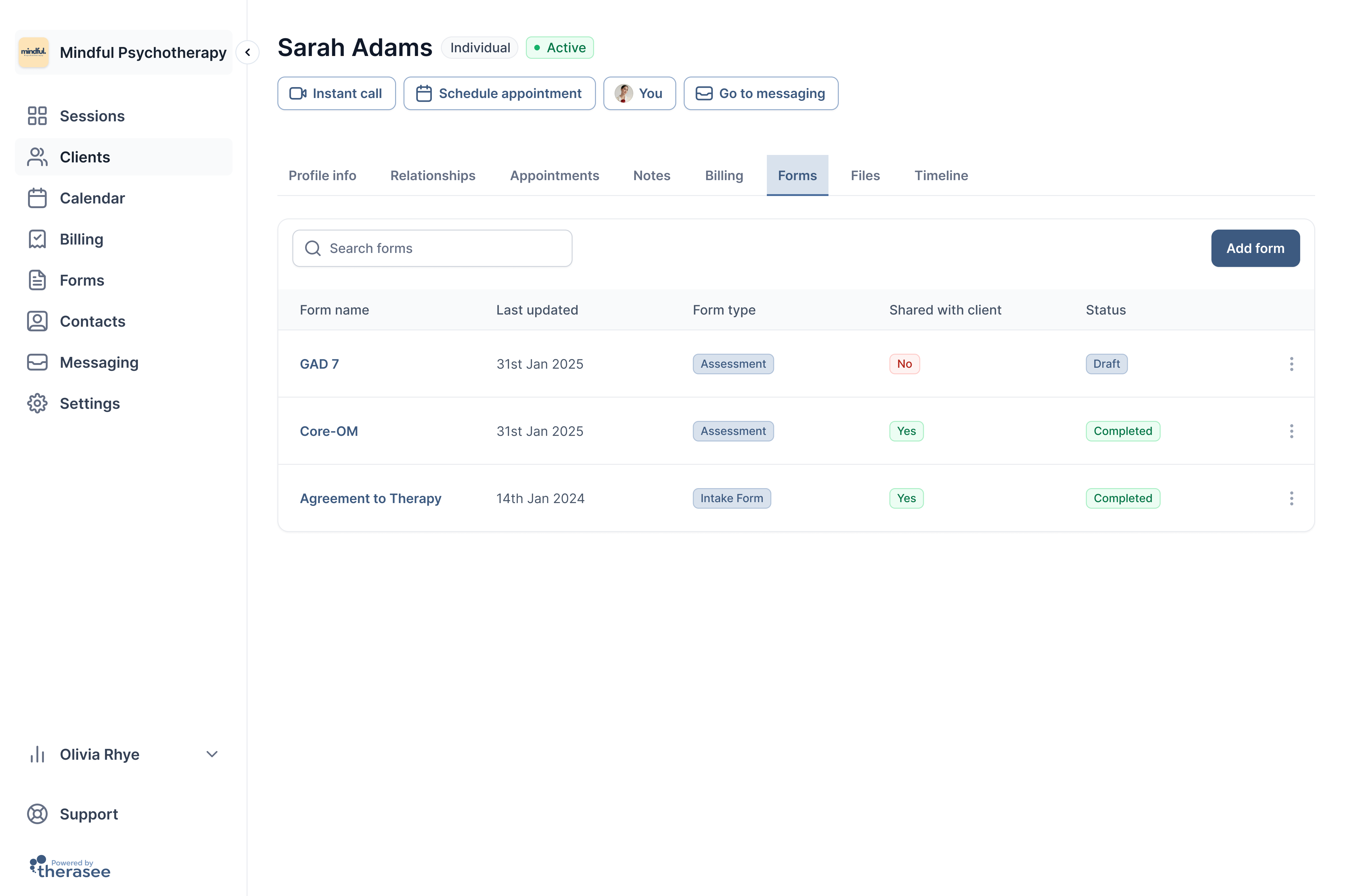 Therasee Client Profile on desktop
