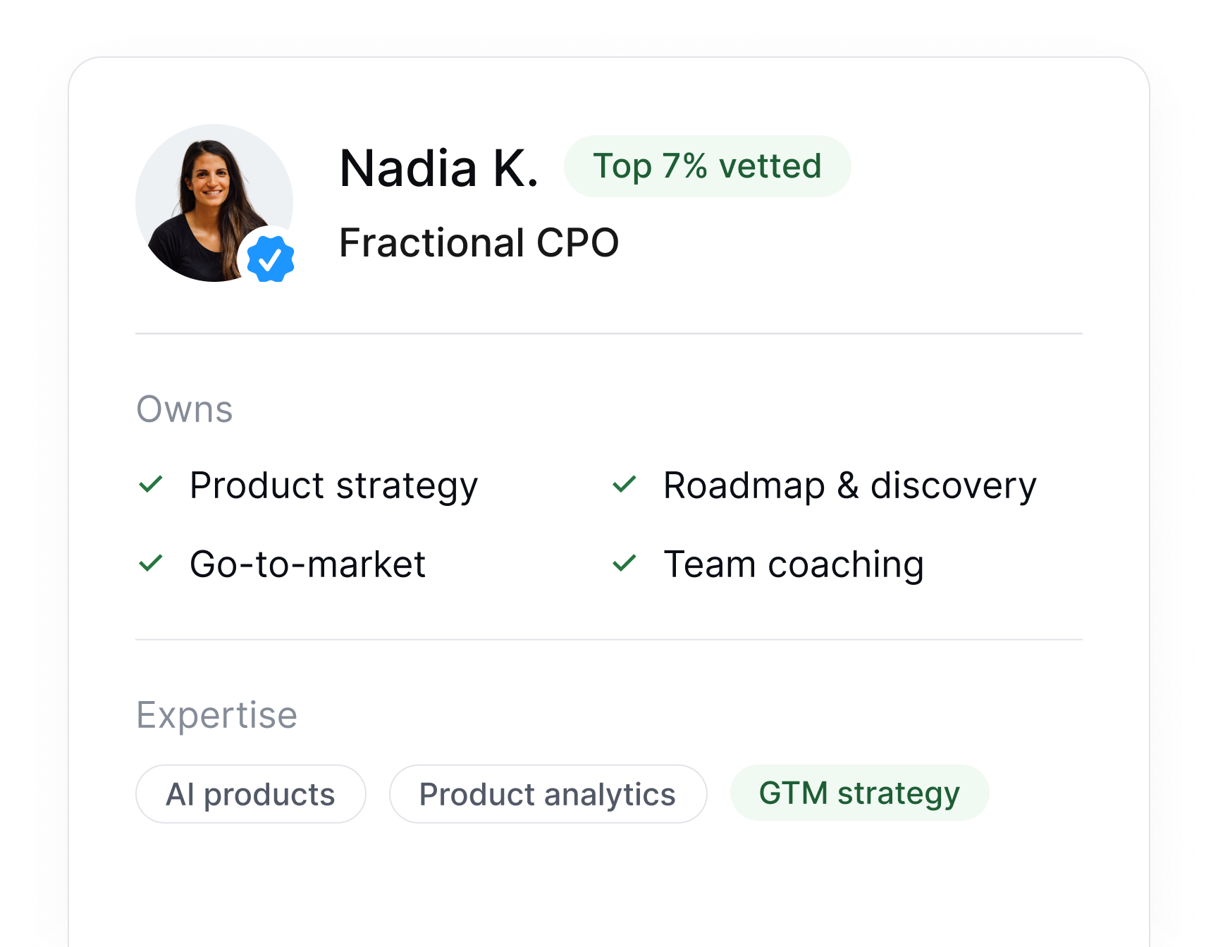 Profile card for a fractional CPO, top 7% vetted, with areas owned and expertise