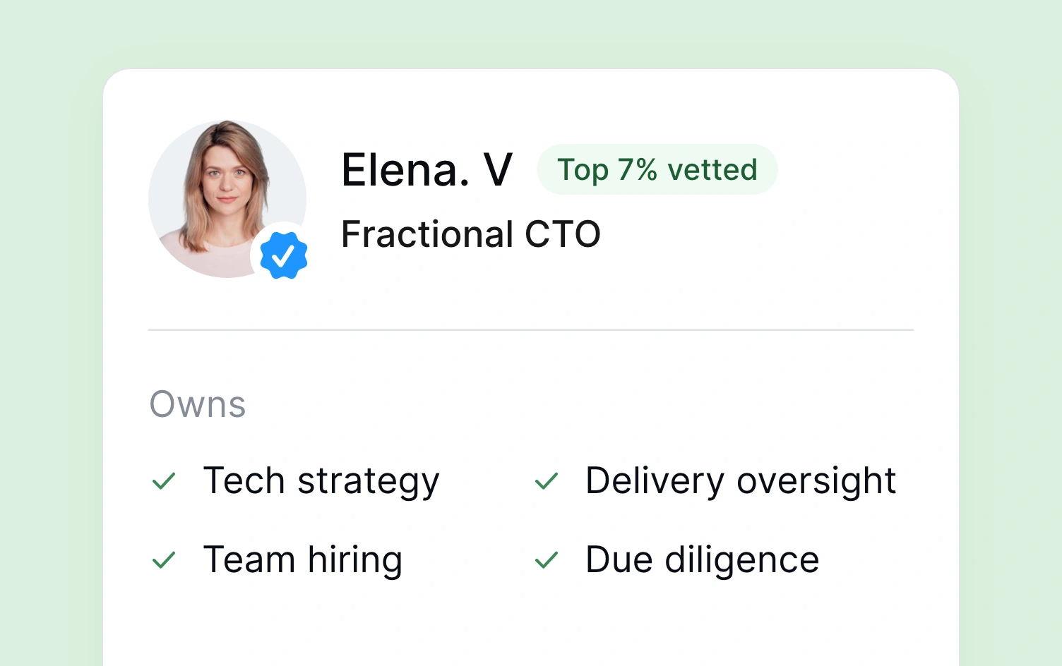 Elena V., a vetted fractional CTO, with the tech strategy, delivery oversight, team hiring and due diligence she owns