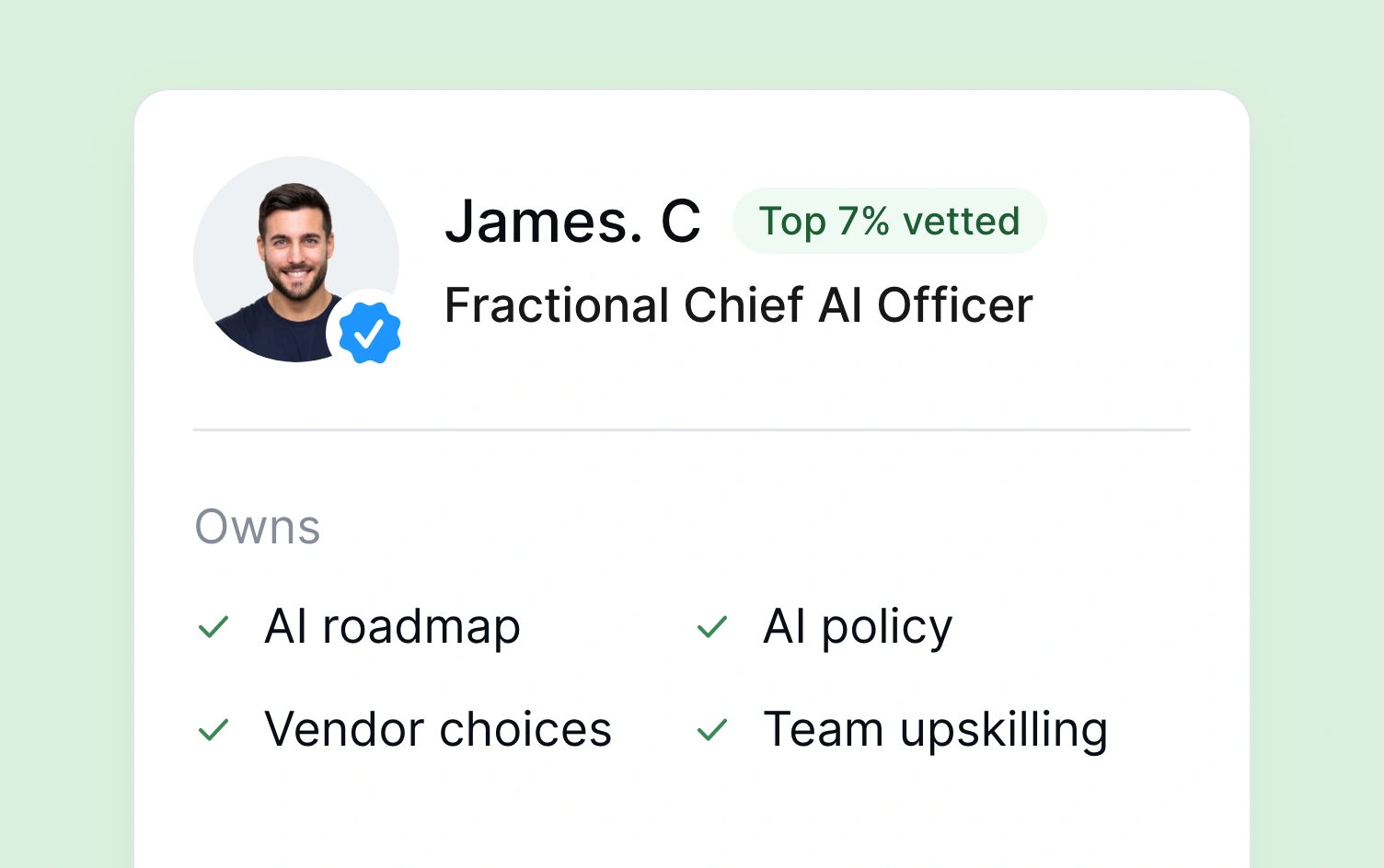James C., a vetted fractional Chief AI Officer, with the AI roadmap, AI policy, vendor choices and team upskilling he owns
