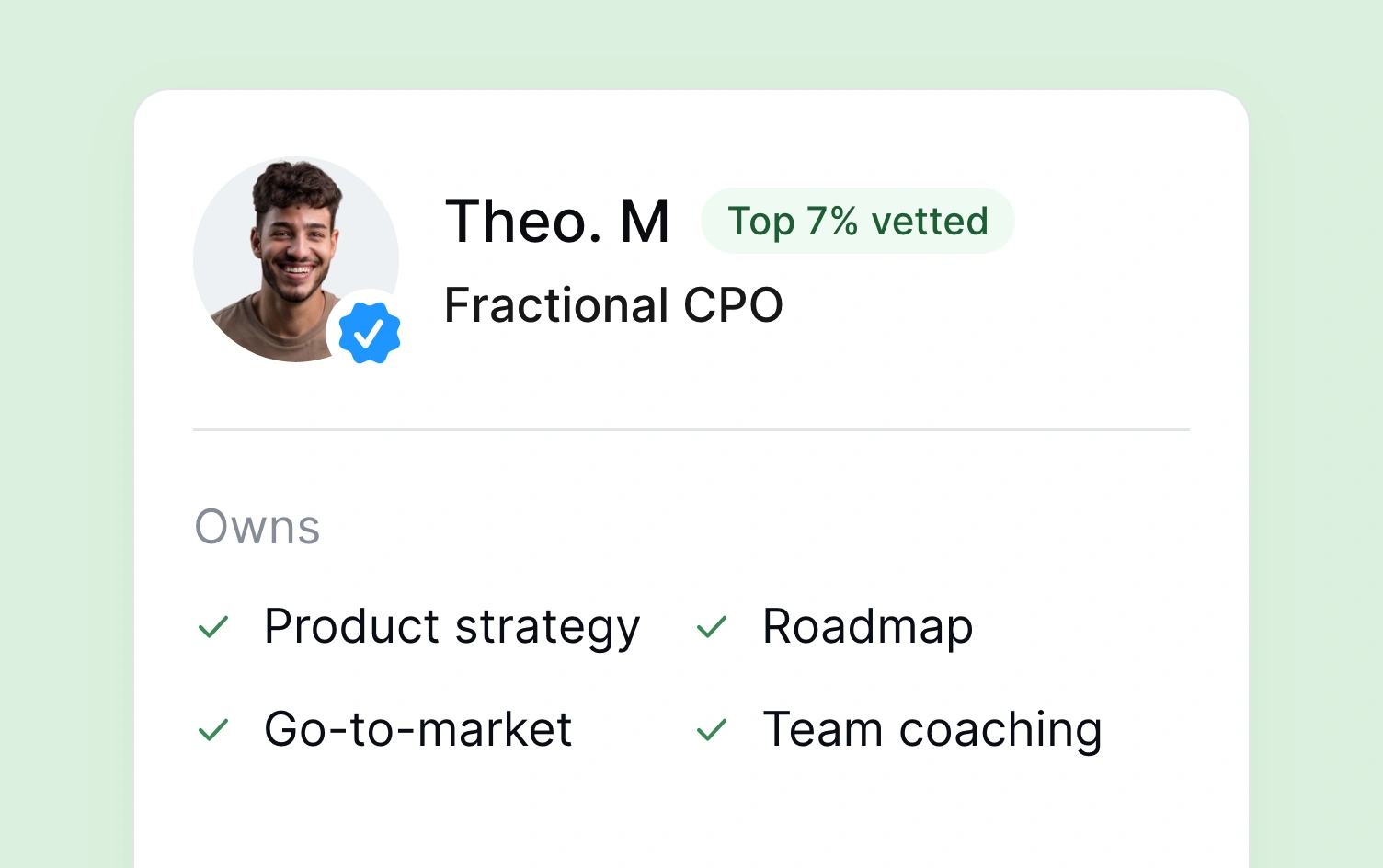 Theo M., a vetted fractional CPO, with the product strategy, roadmap, go-to-market and team coaching he owns