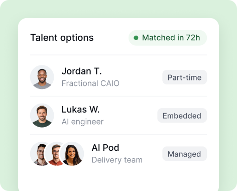 Applied AI talent options: a fractional CAIO, an AI engineer and an AI Pod, matched in 72 hours