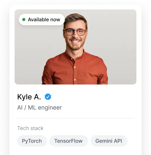 Profile card for Kyle A., AI/ML engineer, available now