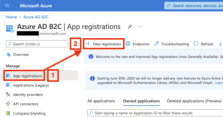 An image of setting up a new registration in the Azure Portal AD B2C tenant.