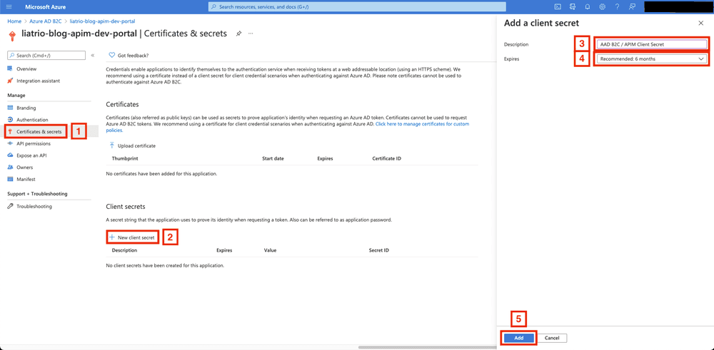 An image of adding a new client secret to a registered app in the Azure Portal AD B2C tenant.