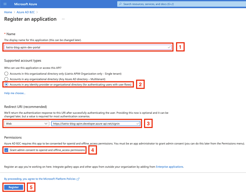 An image of filling out a new app's registration details in the Azure Portal AD B2C tenant.