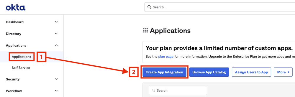 An image of creating a new app integration in the Okta interface.