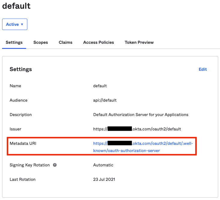 An image of the API configuratio details with Metadata URI highlighted.