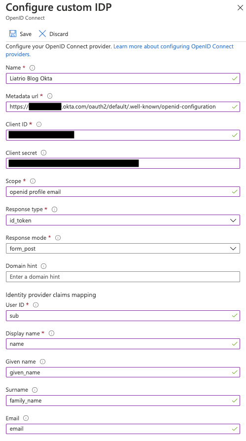 The Identity provider configuration form in the Azure AD B2C tenant.