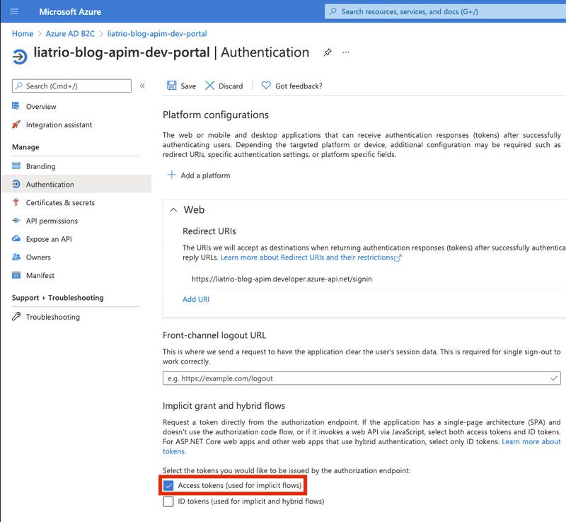 An image of the Authentication panel, with access tokens checkbox turned on, in the Azure Portal AD B2C tenant.