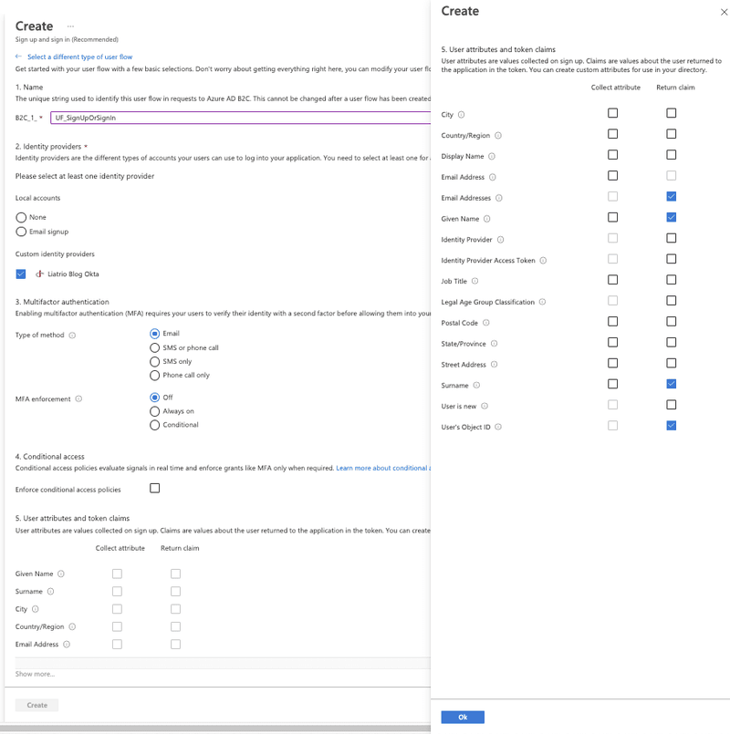 The user flow configuration form in the Azure AD B2C tenant.