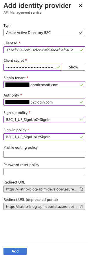 The Add identity provider details form inside of the Azure AD B2C tenant.