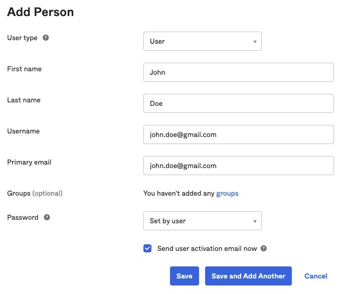 The Add Person details form inside of Okta.