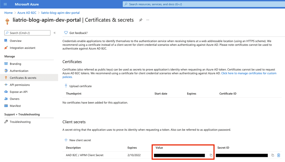 An image highlighting the new client secret value in the Azure Portal AD B2C tenant.