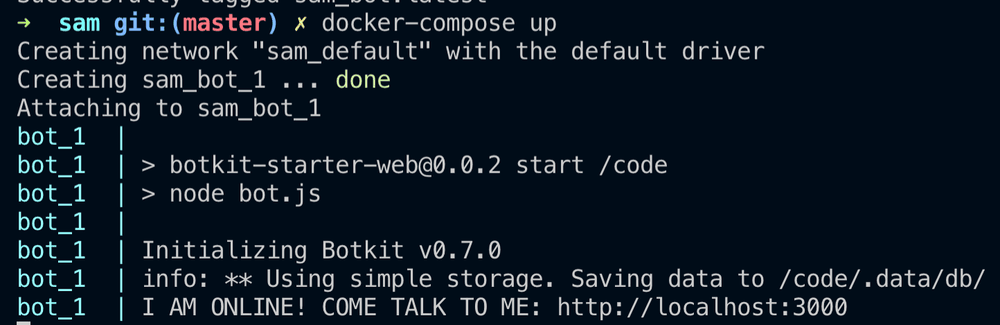 Console output from running docker-compose up command.