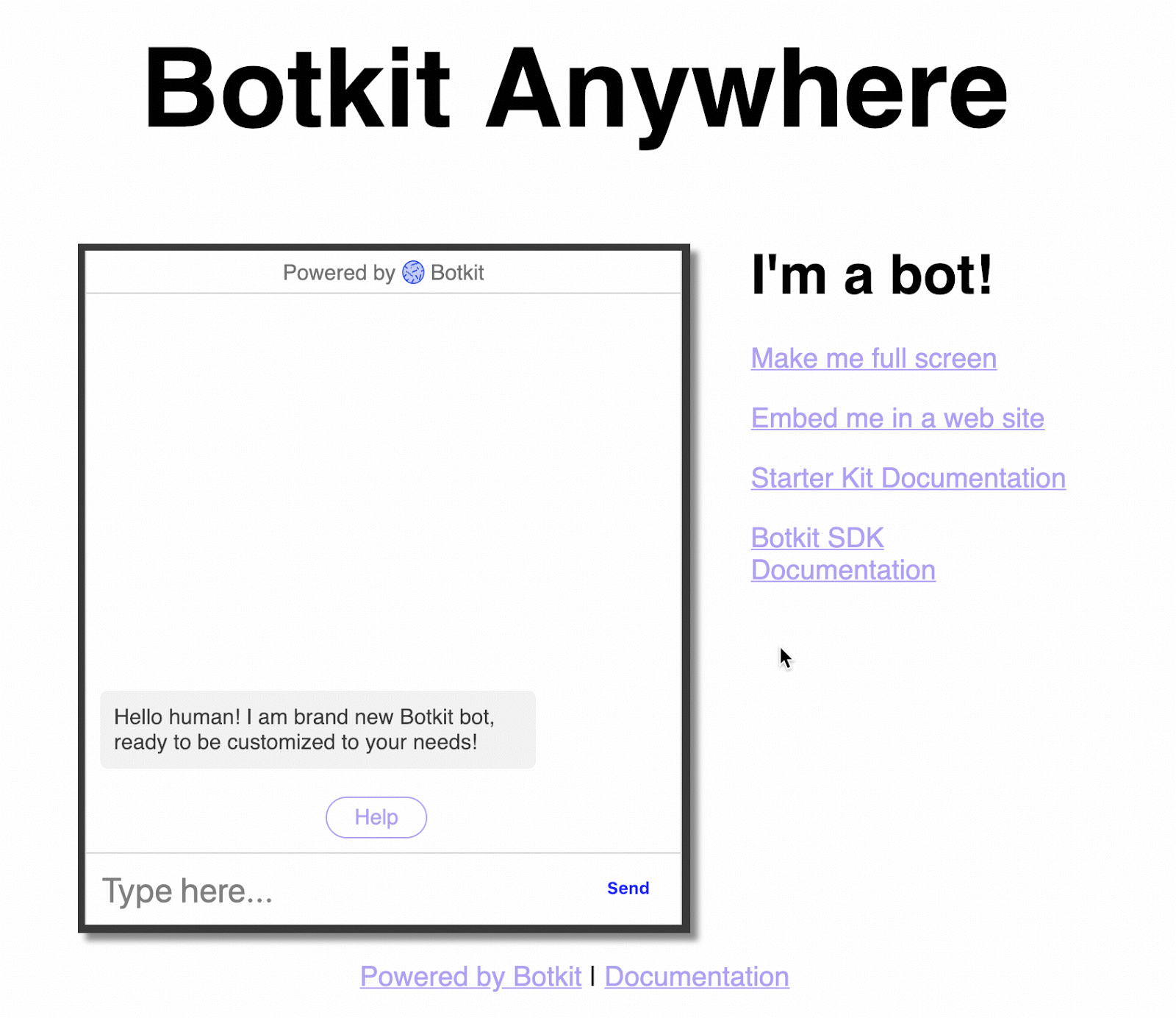 Saying hello to the bot and getting a default message in reply.