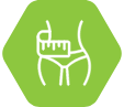 A green hexagon with an hourglass figure measuring her waist.
