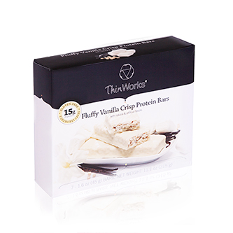 A sealed box of fluffy vanilla crisp protein bars.