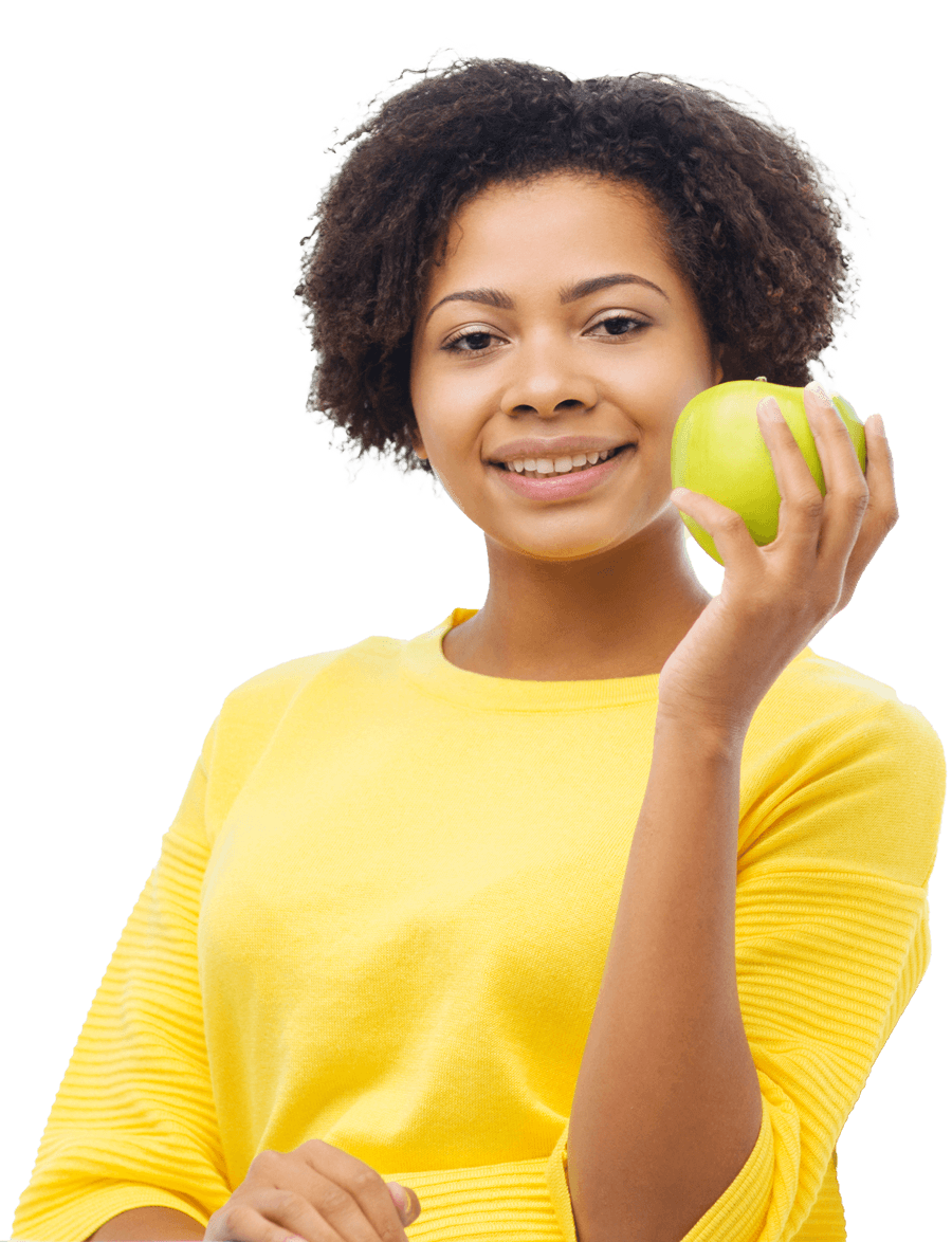 A woman holding an apple.