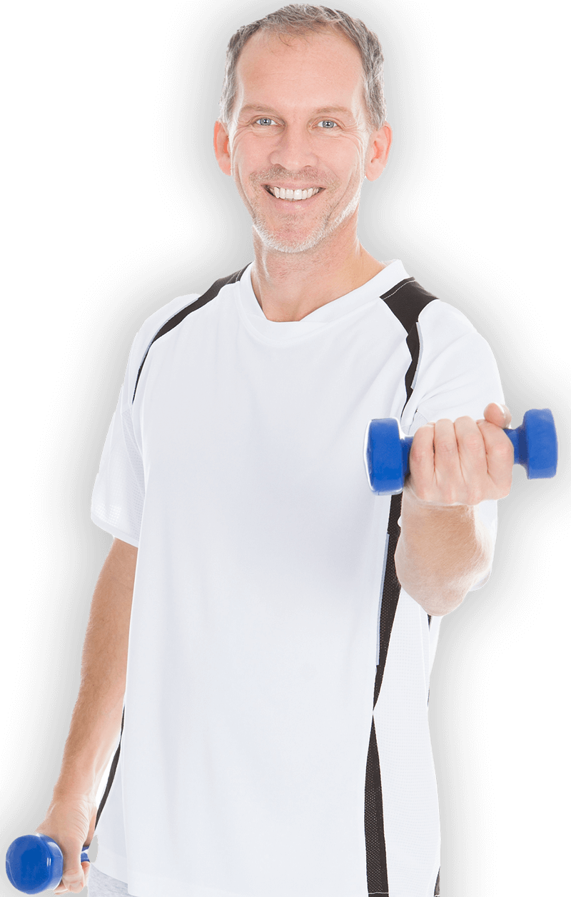 A graying man training with blue dumbbells. 