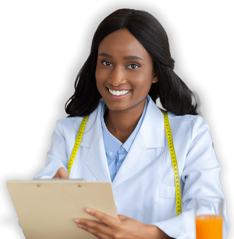 A young nutritionist with a clipboard in hand and a tape measure drooped over her neck.