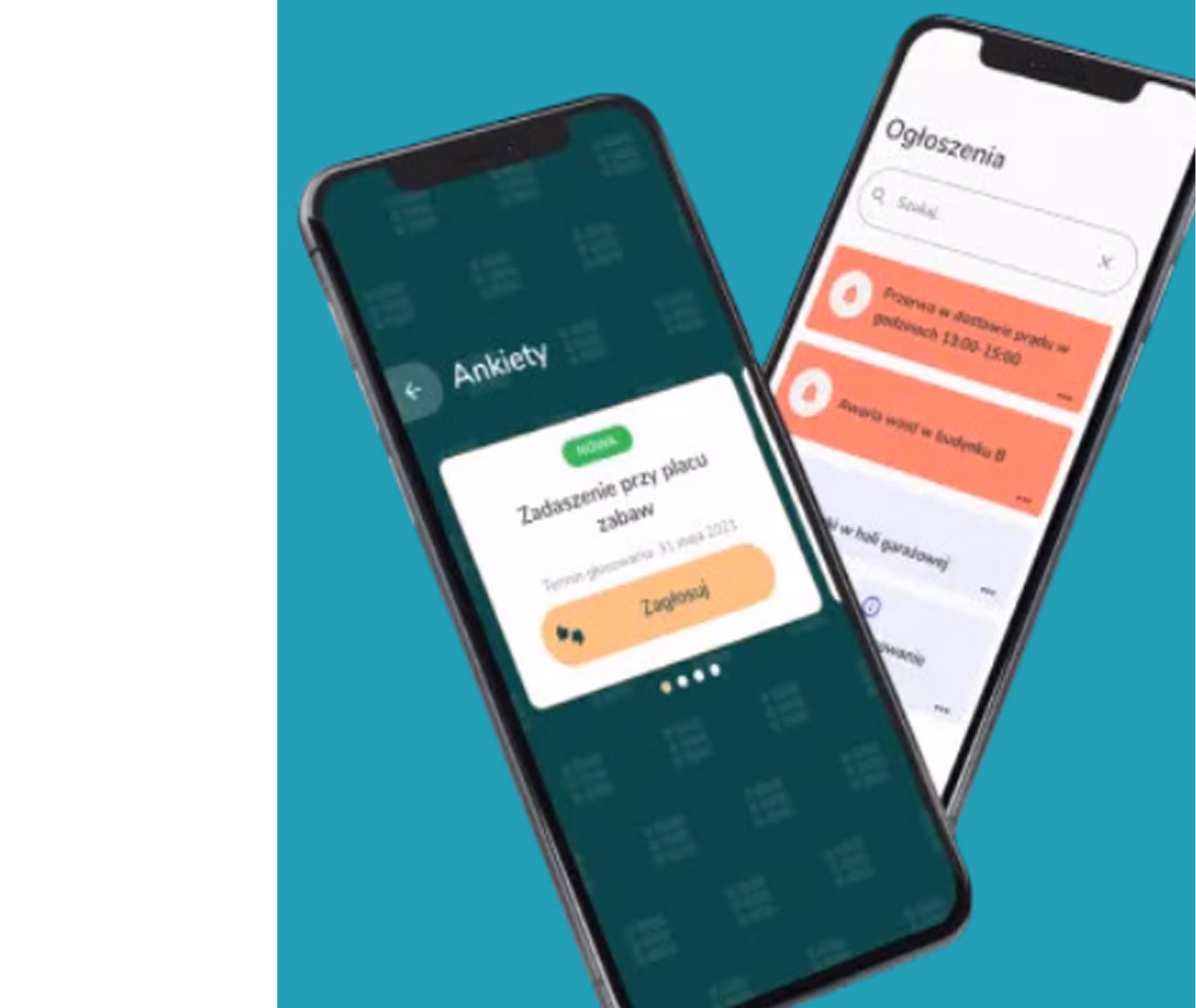 Mobile app screens showing surveys and announcements