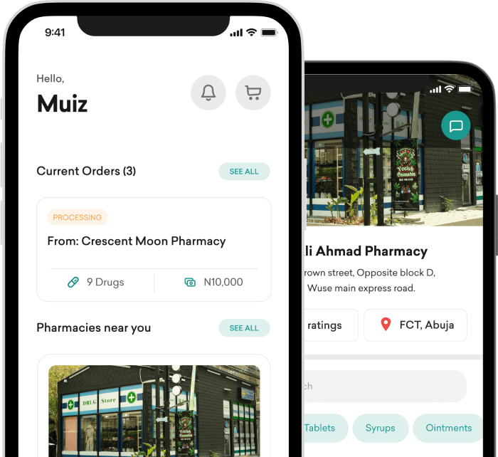 Pharmacy delivery app showing current orders and nearby pharmacies