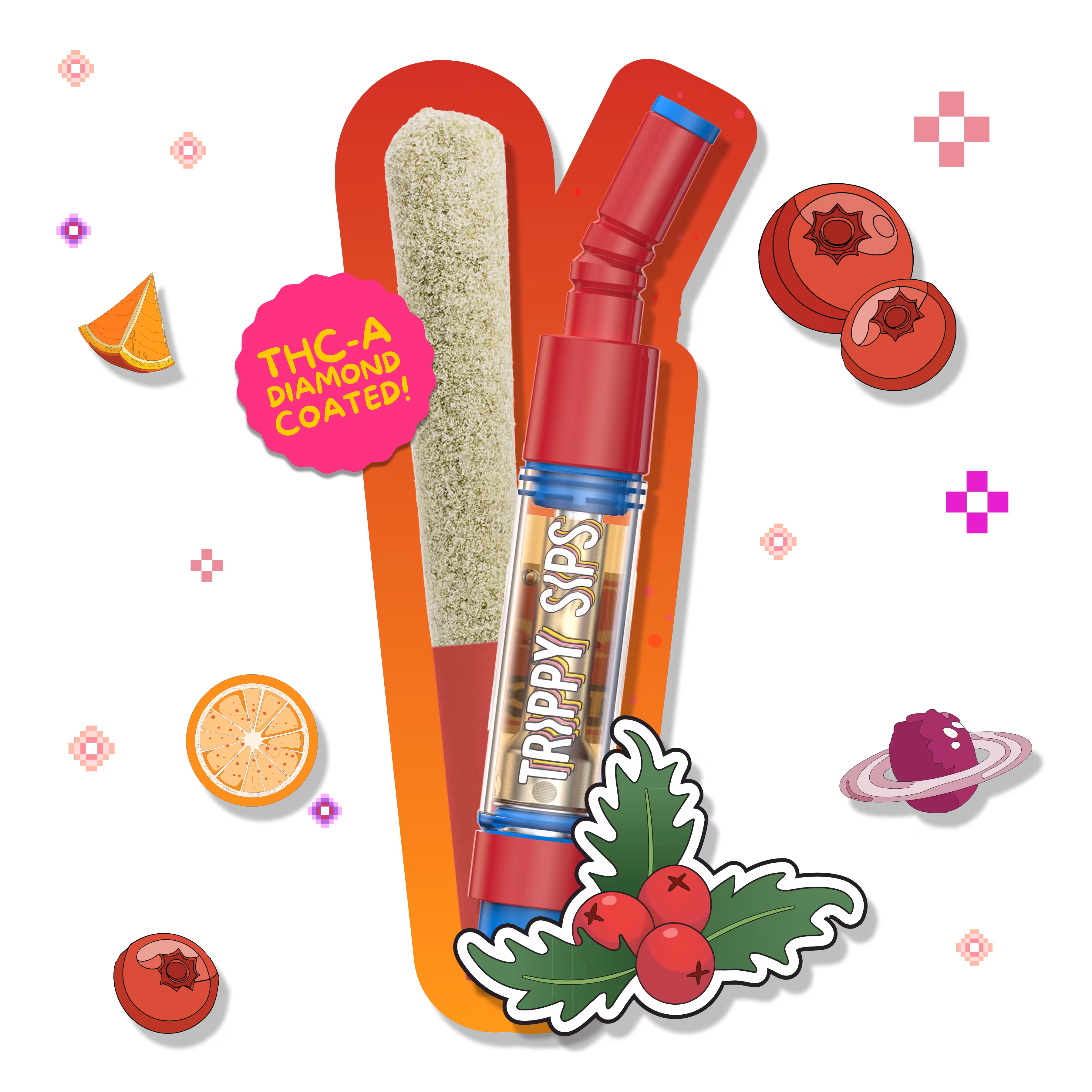 Trippy Sips Holiday Fruit Punch Liquid Diamonds THC-A Diamond Coated 510 Vape Cartridge Infused Pre-Roll