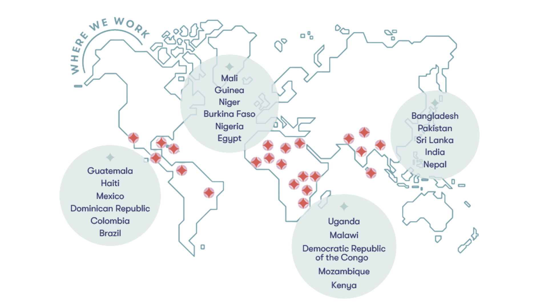 Map of 22 countries where VOW grantees work