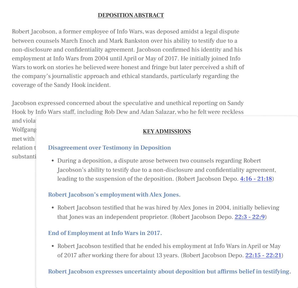 Product illustration of a Deposition Abstract and Key Admissions from a comprehensive SmartDepo summary.