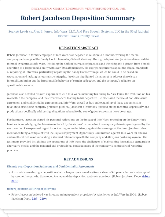 Product illustration of a deposition summary.