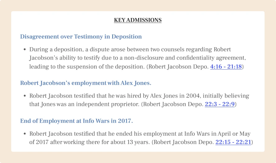Product illustration of the Key Admissions section of a deposition.