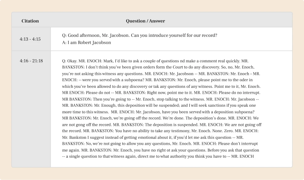 Product illustration of accurate text processing and extraction, showing a detailed citations, question and answer.