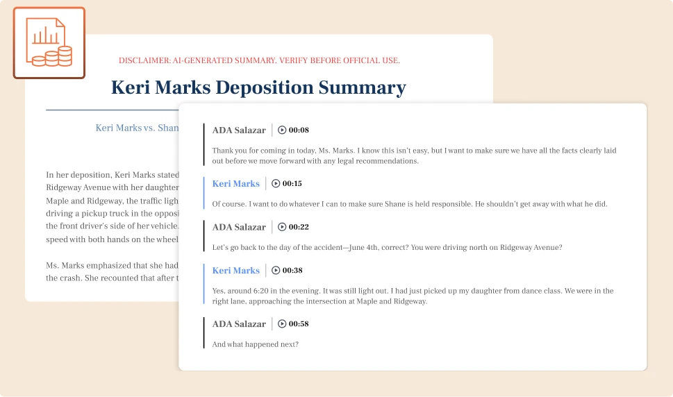 Product illustration depicting how SmartDepo enables court reporting agencies to thoughtfully expand their offerings with AI-powered summaries.