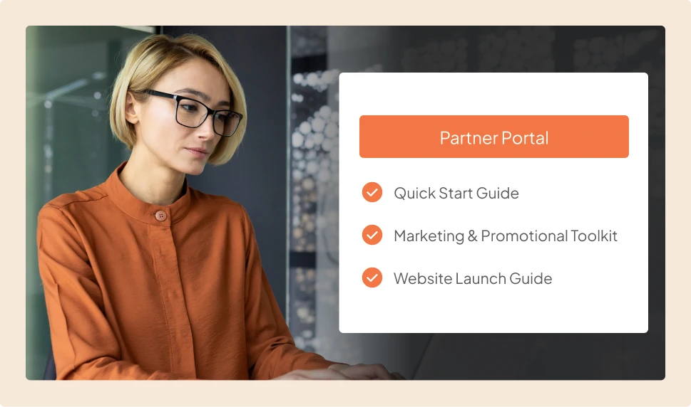 A product illustration and photo of a woman reading through info in the SmartDepo partner portal.