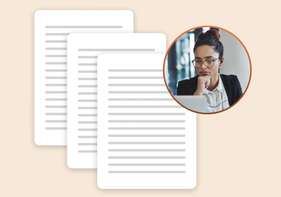 Product illustration of a legal professional reviewing a SmartDepo summary.
