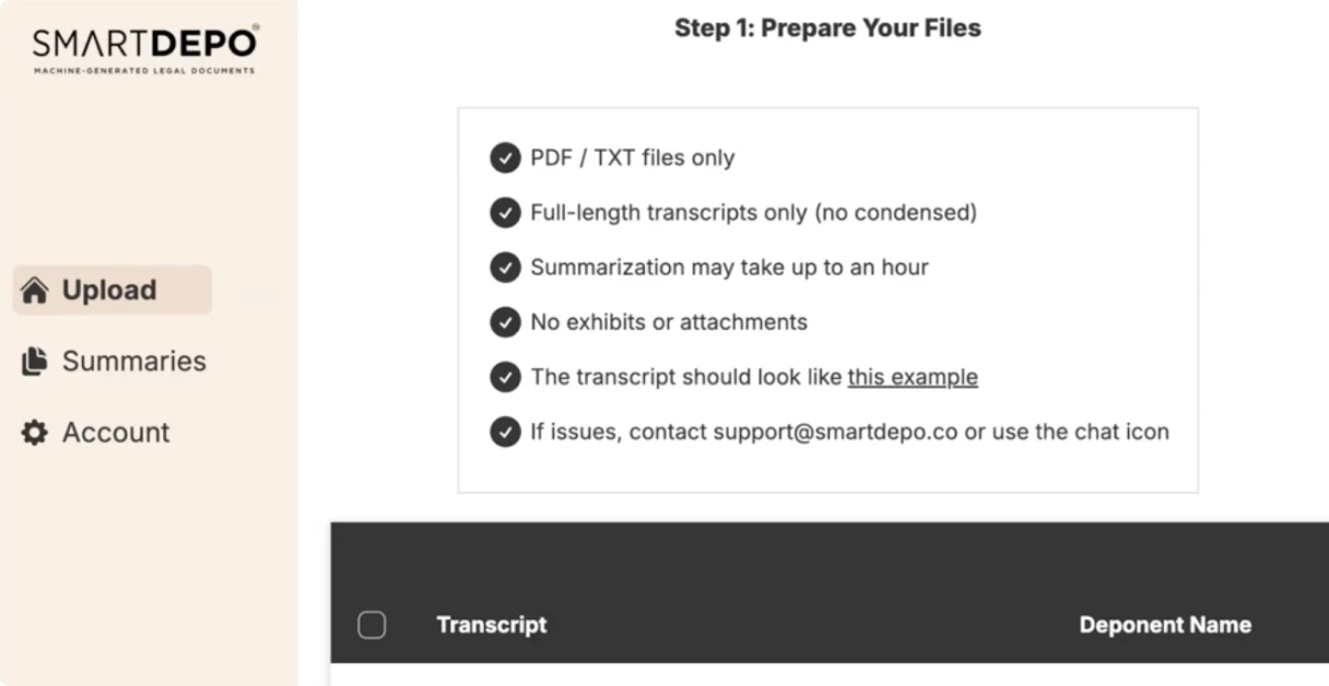 SmartDEPO platform interface showing Step 1: Prepare Your Files with checklist for PDF/TXT files, full-length transcripts, no exhibits, and support contact info.