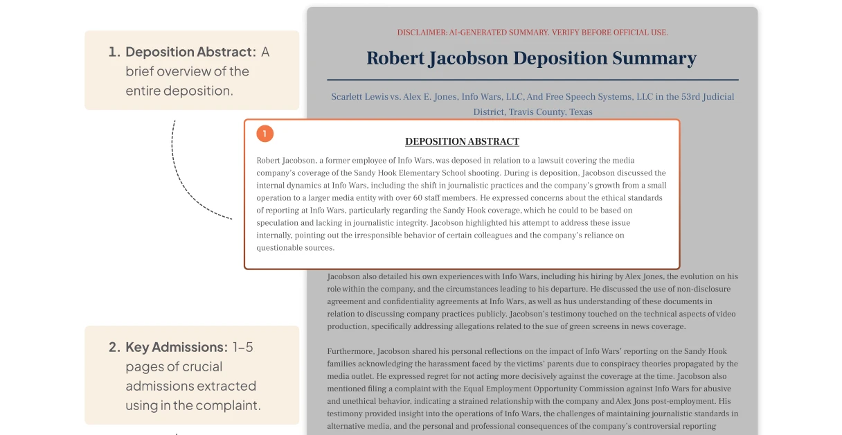 Screenshot of Robert Jacobson Deposition Summary with highlighted sections showing ‘1. Deposition Abstract’ overview and ‘2. Key Admissions’ noting 1-5 pages of crucial admissions from the complaint.