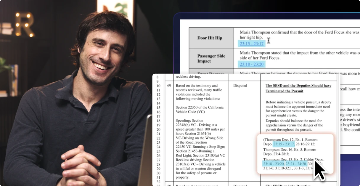 Smiling man in a dark polo shirt sitting with hands folded beside overlapping screenshots of legal documents with highlighted timestamps.