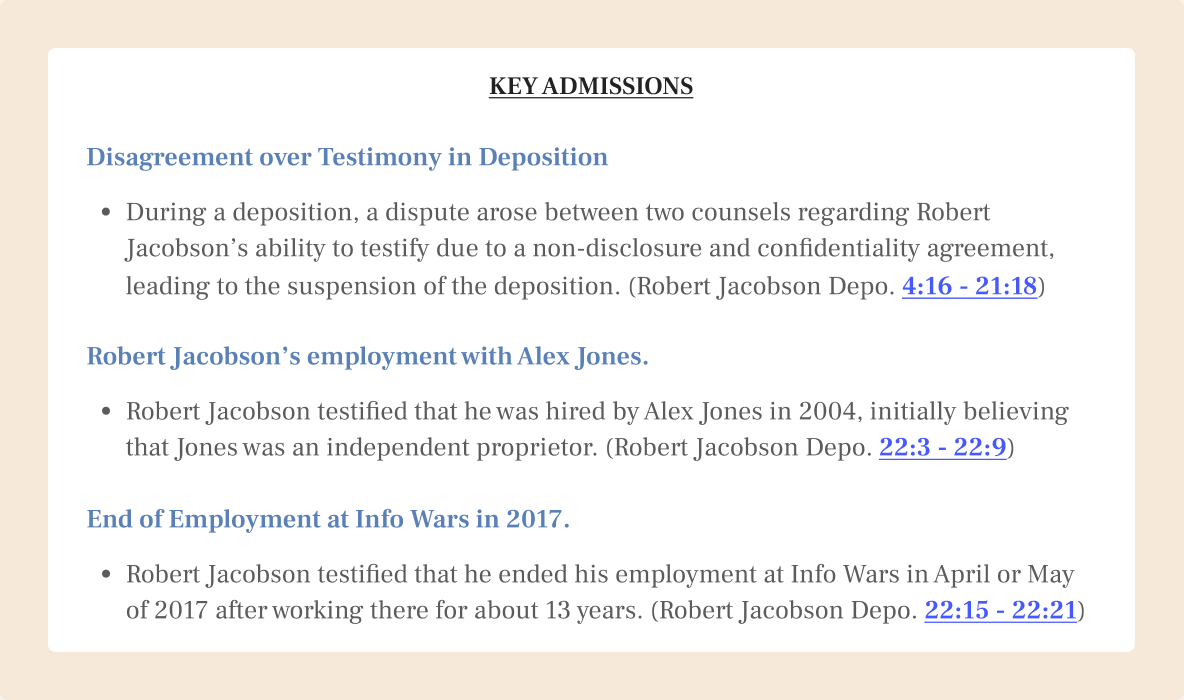 Product illustration of the Key Admissions section of a deposition.