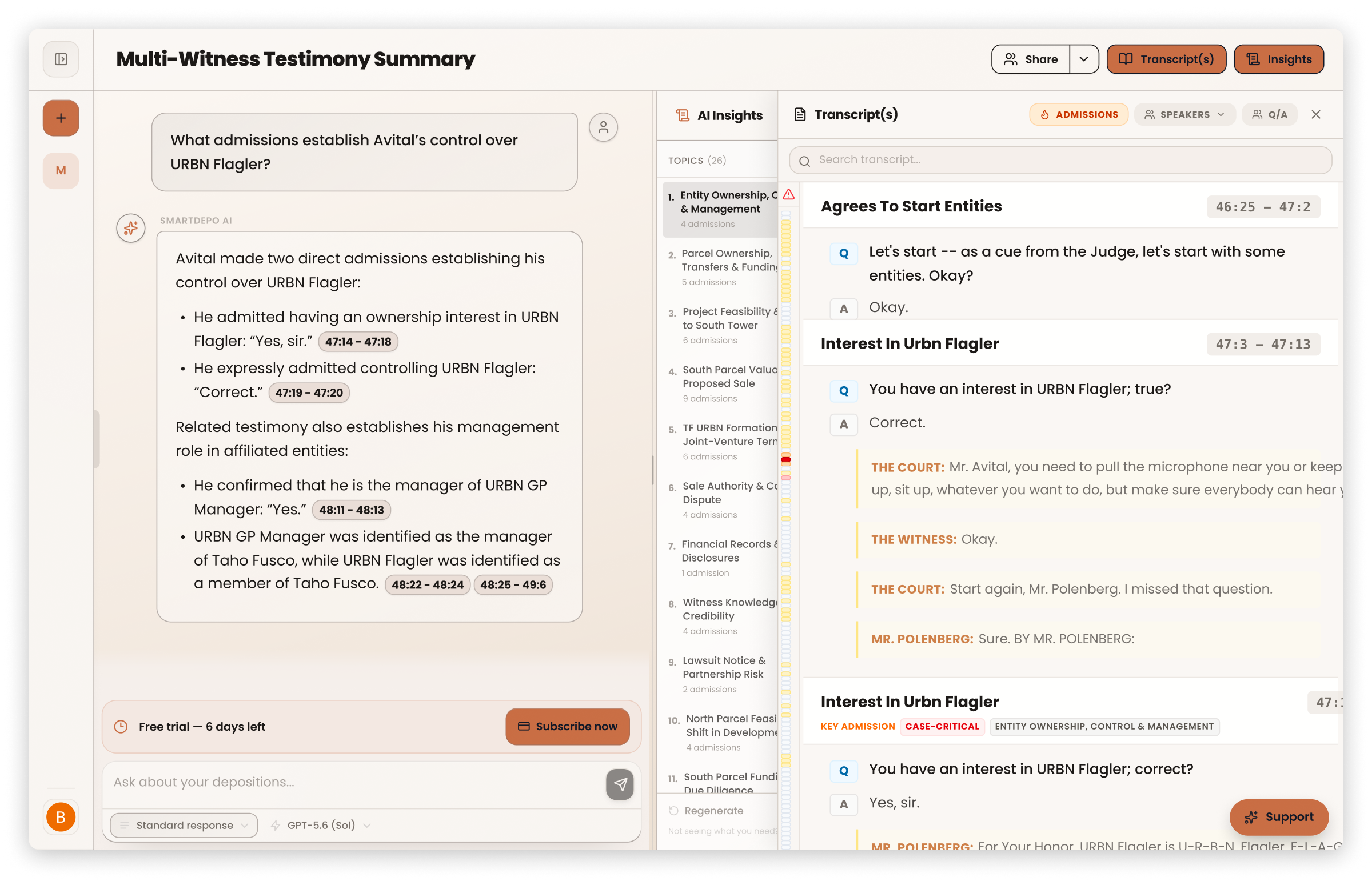 SmartDepo platform showing case chat, memo generation, and the source transcript side by side