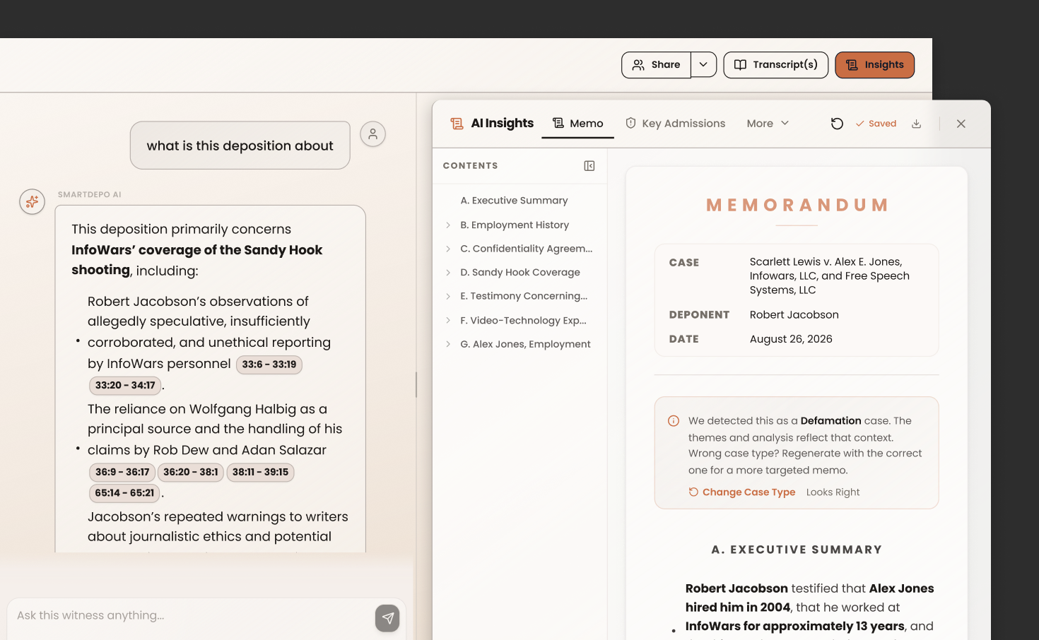 SmartDepo platform showing multi-witness testimony analysis alongside the source transcript