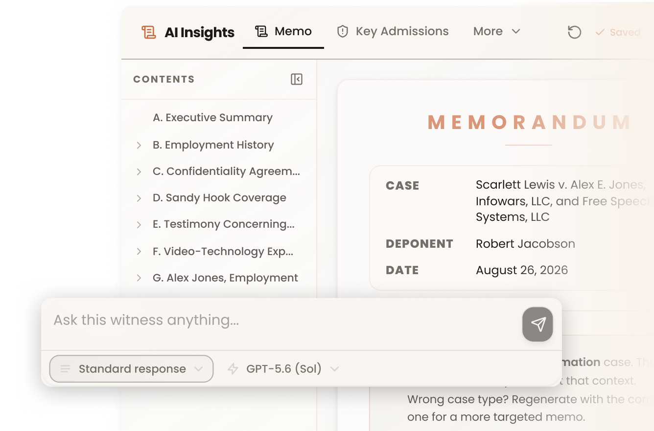 SmartDepo memo view showing a deposition memorandum with page and line citations