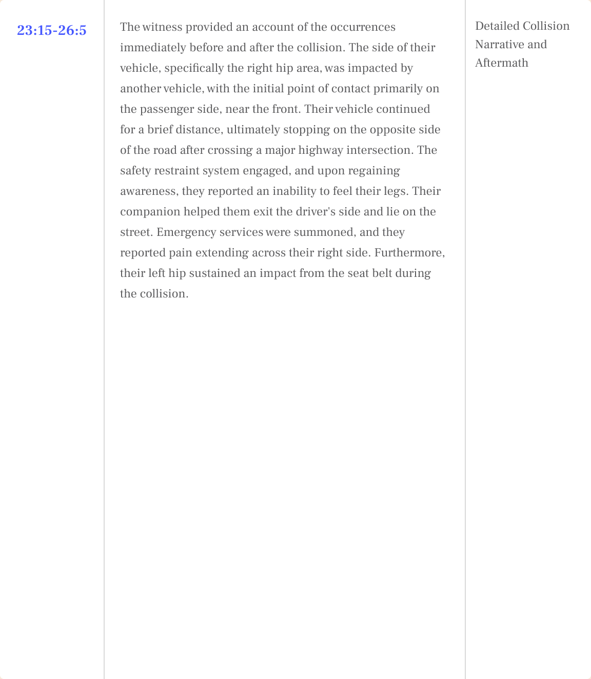 Deposition summary paragraph with a single broad citation range of 23:15-26:5 covering an entire collision narrative.