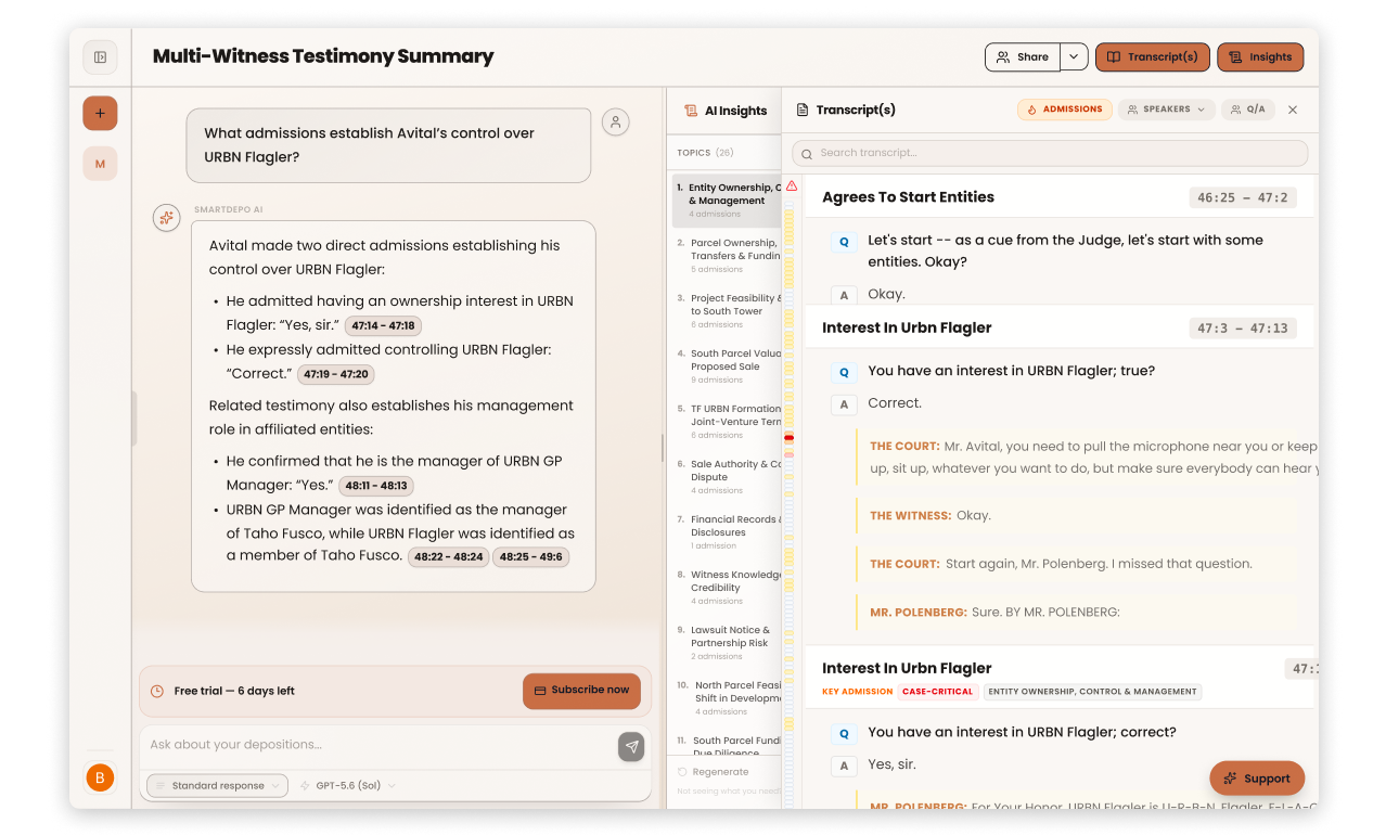 Multi-witness testimony summary citing admissions about control of an entity, with the linked transcript open alongside.