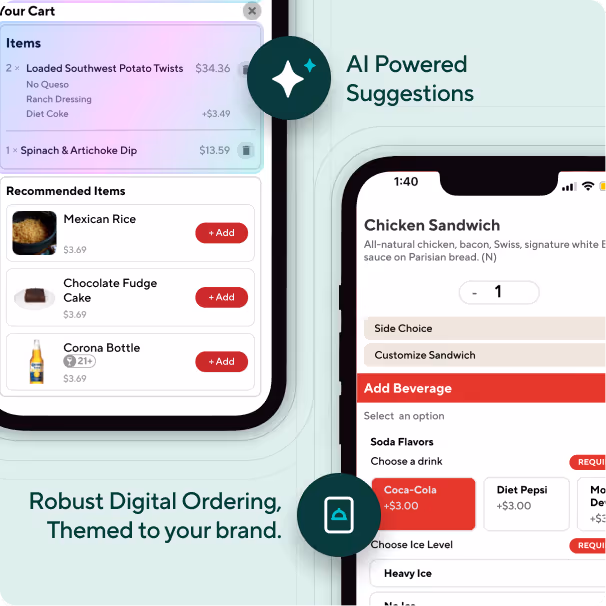 Mobile screens showing a digital food ordering app with a cart, recommended items, AI-powered suggestions, and customizable sandwich options.