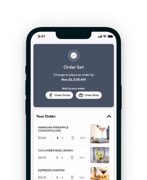 Mobile app screen showing an order set with options to change or place order by Nov 23, 2:30 AM, buttons to order drinks or bites, and a list of drinks: Hawaiian Pineapple Cosmopolitan, Cucumber Basil Smash, Espresso Martini with quantities and edit options.